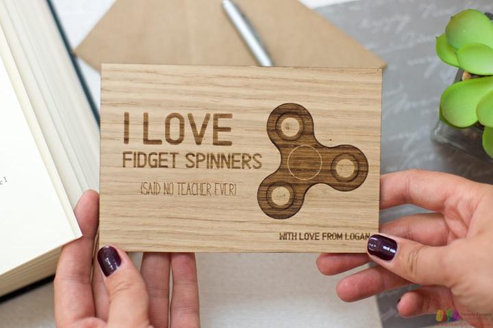 I love fidget spinners...Personalised teacher wooden card